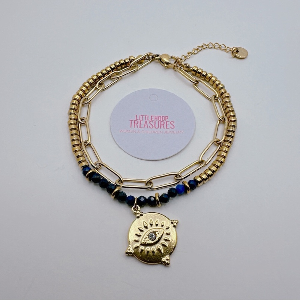 Natural stone Stacking bracelet with evil eye pendant